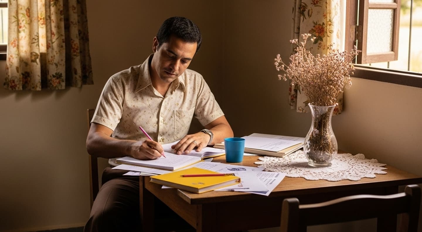 homem sentado, com livros na mesa e escrevendo.